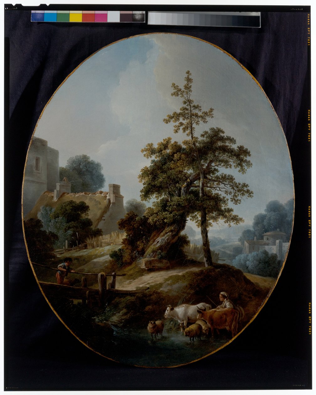 Landskap med en ung pojke och en herdinna med kor och får av Jean Baptiste Huet