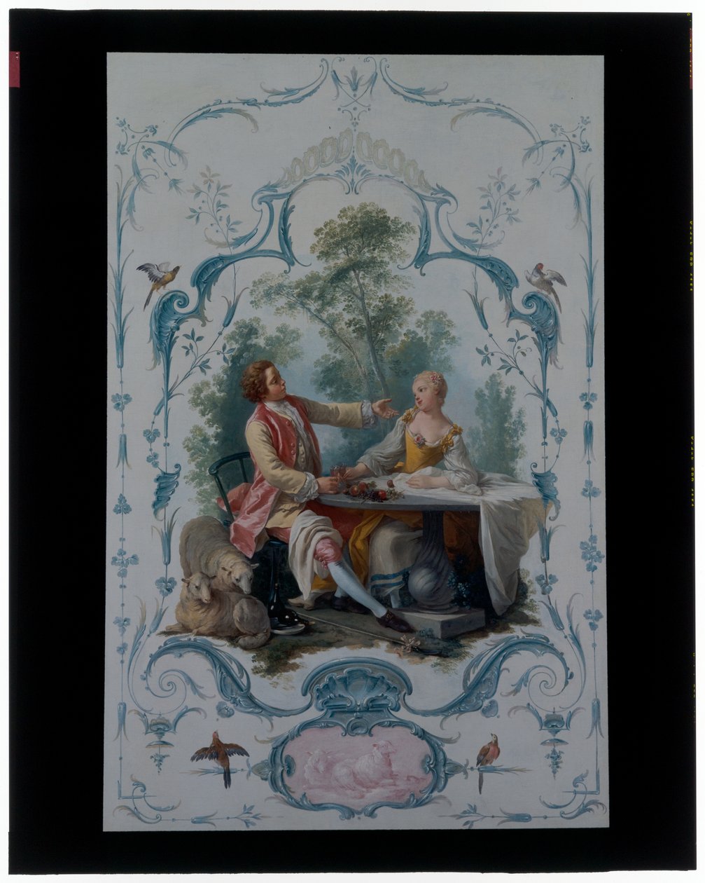 Två dekorativa paneler med par älskare med titeln "The Picnic" och "The Toast" av Jean Baptiste Huet