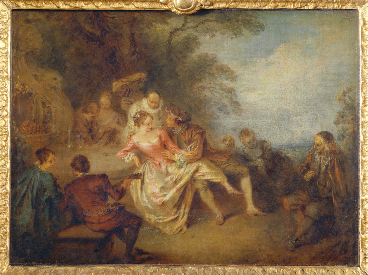 Återförening av italienska komediskådespelare i en park ... av Jean-Baptiste Joseph Pater