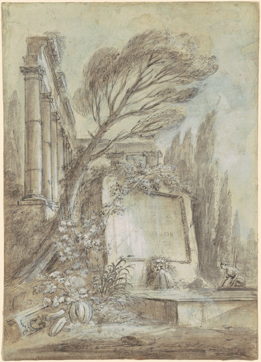 Arkitektonisk fantasi av romerska ruiner med en inskriptionsplatta, ca 1768 (brunt bläck på papper) av Jean-Baptiste Lallemand