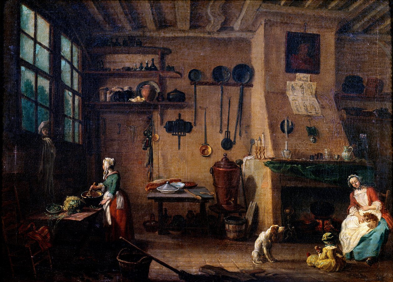 Köksinredning på 1700-talet. En kock lagar en måltid. I bakgrunden ser vi köksredskapen som hänger längs väggen. Målning av Jean Baptiste Lallemand (1710-1803) 1700-talets Dijon, Museum of Fine Arts av Jean Baptiste Lallemand