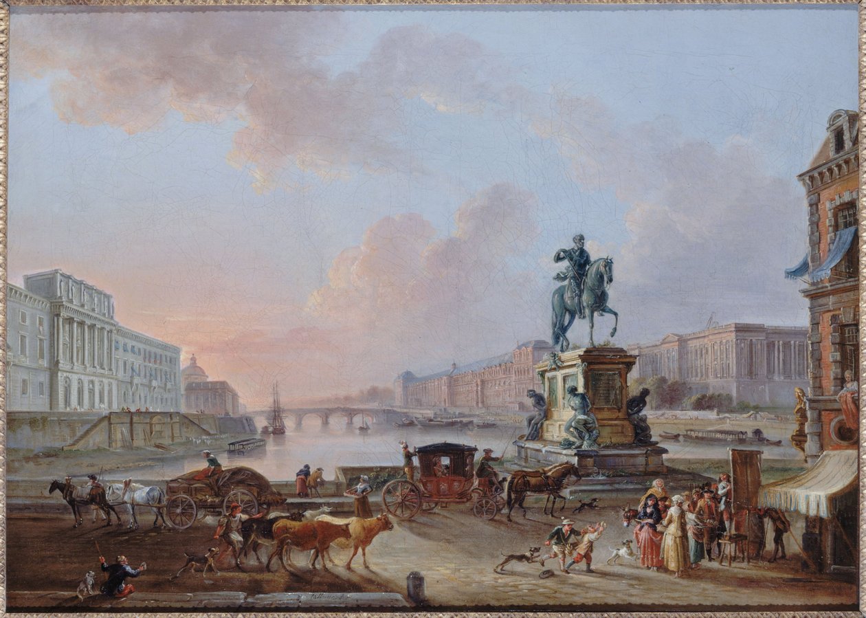 La Monnaie, Pont Royal och Louvren, sett från Pont-Neuf terre-plein, omkring 1775, omkring 1775 (olja) av Jean Baptiste Lallemand