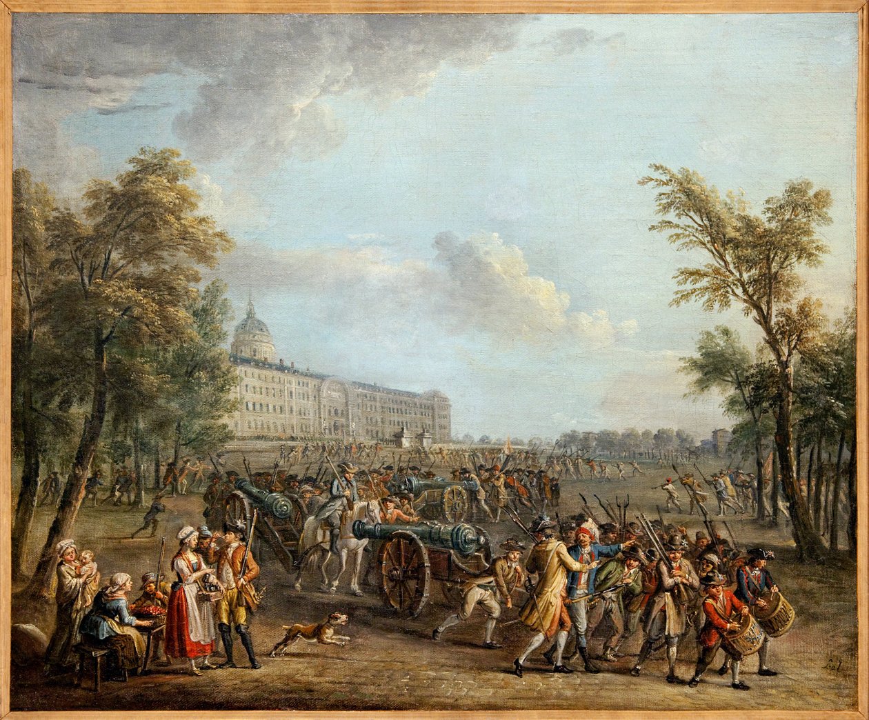 Plundring av vapen vid Invalides invaderade folket i Paris, efter att ha tagit Garde Meuble i besittning den 13 juli, Invalides den 14 juli 1789 och tog 4 kanoner och 34 000 kanoner, målning av Jean Baptiste Lallemand (1716-1803) . Fotografi, KIM Youngta av Jean Baptiste Lallemand
