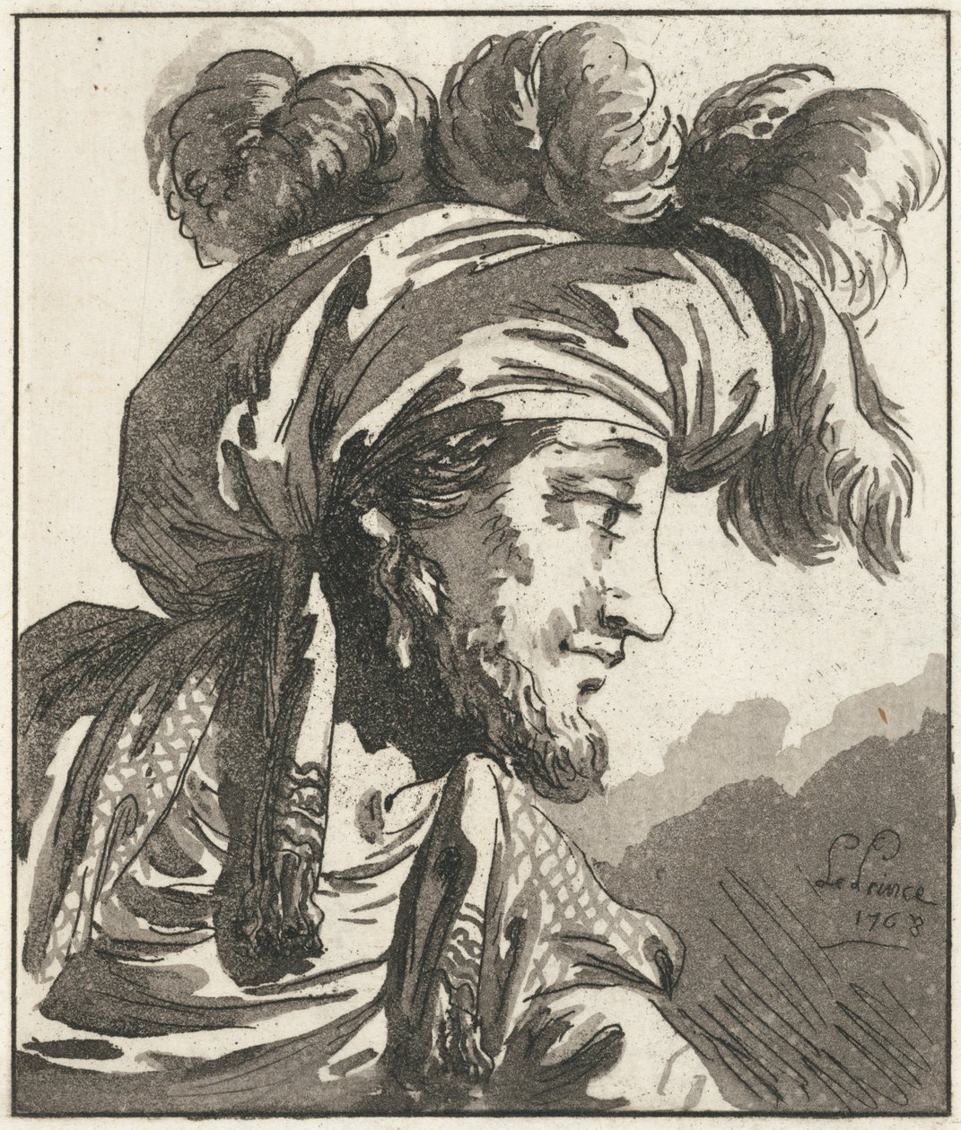 Huvud av en man med turban och utan mustasch av Jean-Baptiste Le Prince