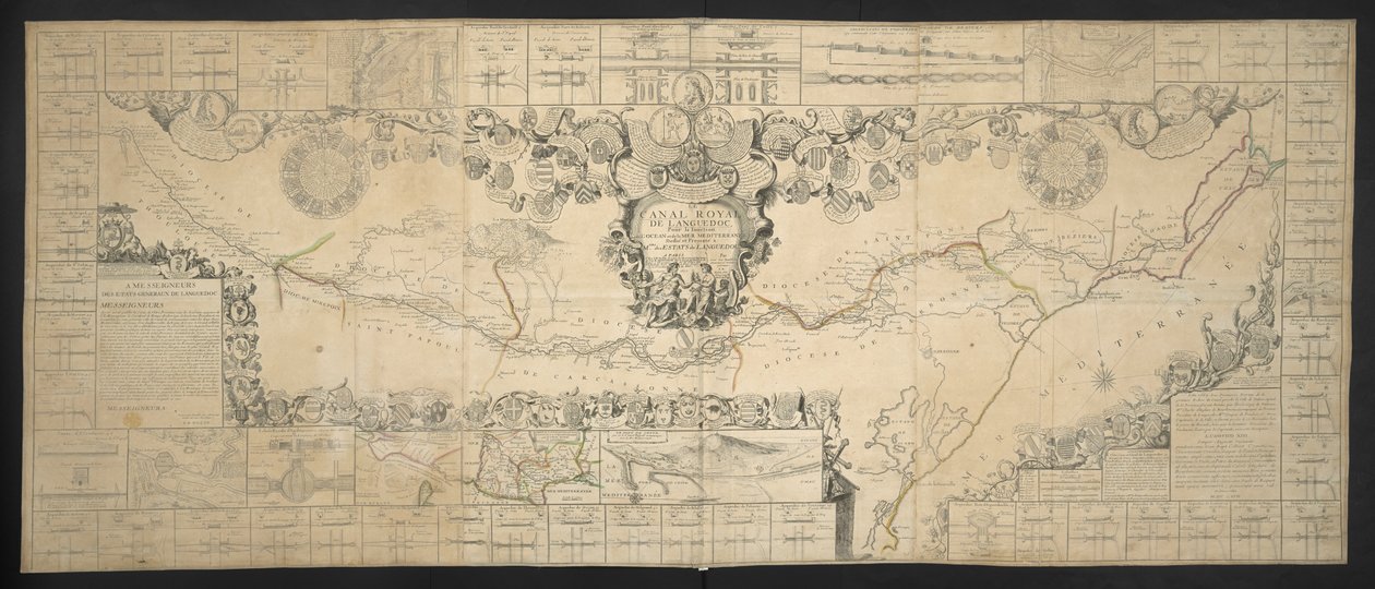Karta över Canal de Languedoc, som förbinder Atlanten med Medelhavet, tillägnad och presenterad för M.GRS Estates of Languedoc av Jean Baptiste Nolin