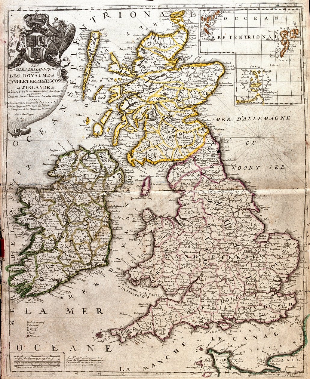 Karta över kungadömena England, Skottland och Irland (Storbritannien) (gravyr av Jean Baptiste Nolin