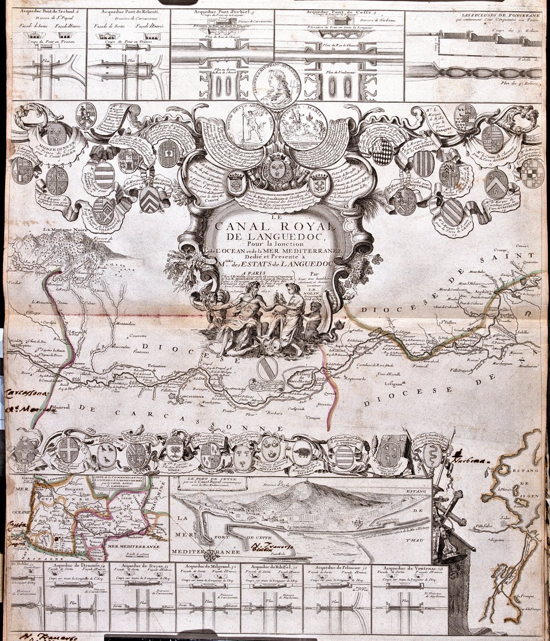 Projekt för att bygga en kommunikationskanal mellan Atlanten och Medelhavet, inklusive en del ungefär mellan Pexiora och Ouveillan; i regionen Languedoc-Roussillon, Frankrike av Jean Baptiste Nolin