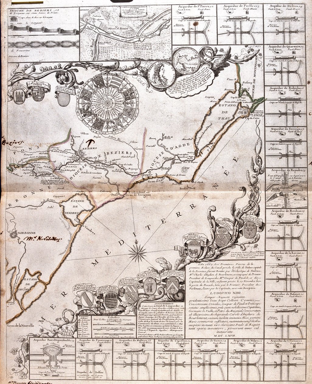 Projekt för att bygga en kommunikationskanal mellan Atlanten och Medelhavet, inklusive en del ungefär mellan Capestang och Étang de Thau; i regionerna Languedoc-Roussillon, Frankrike av Jean Baptiste Nolin