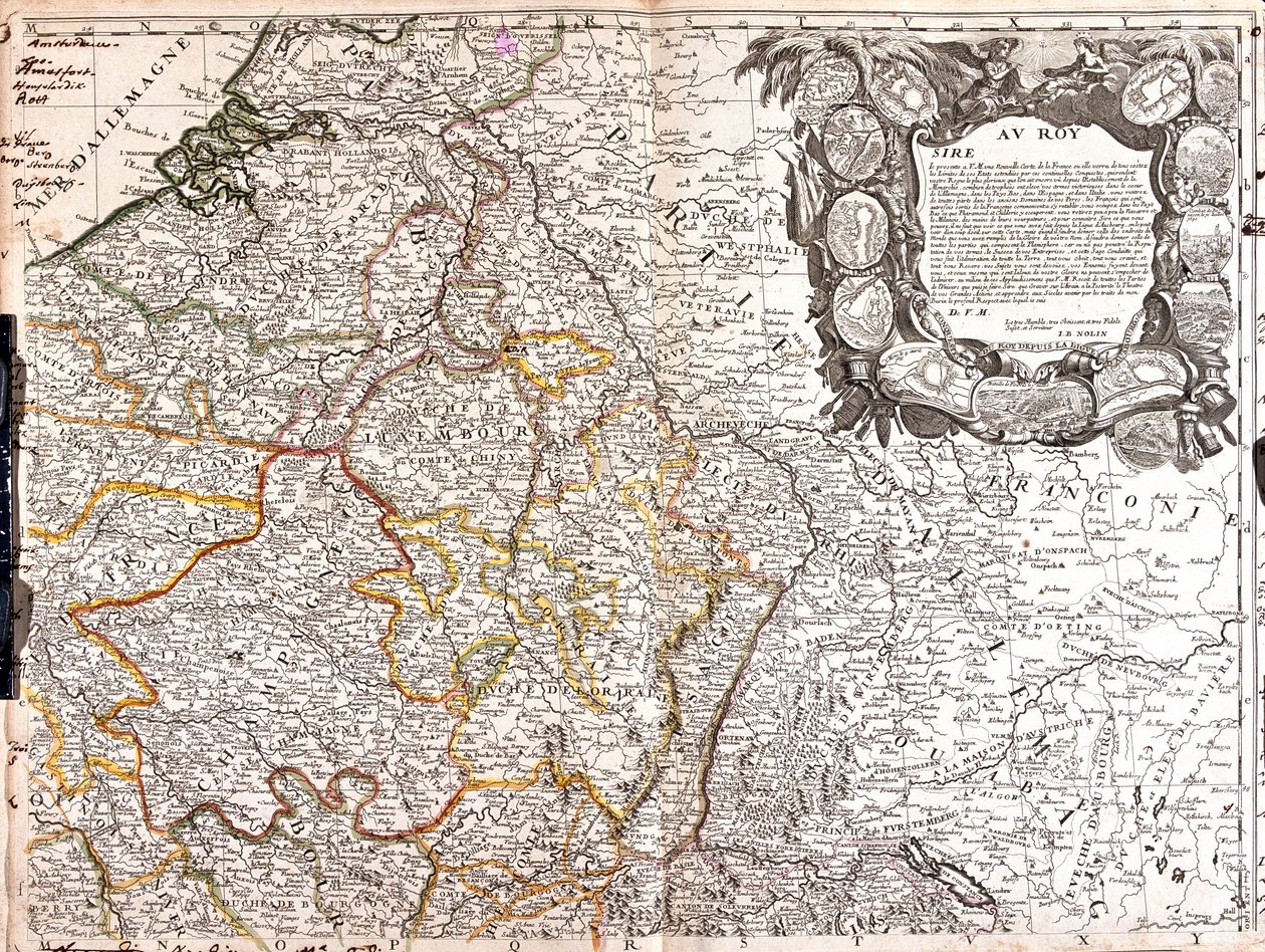 Södra Nederländerna, Belgien, Frankrike (Region: Nord-Pas-de-Calais, Picardie, Île-de-France, östra Centre, norra Bourgogne, norra Fanche-Comté, Champagne-Ardenne, Lorraine, Alsace), Schweiz (Kanton: Jura, Basel-Stadt, Basel-Lapd, Solothurn, Aargau, Zürich av Jean-Baptiste Nolin