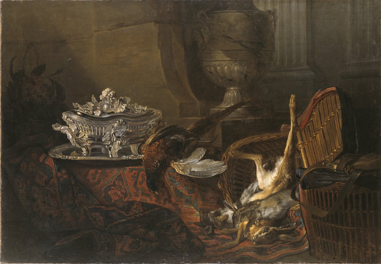 Stilleben med dött vilt och en silverterrin på en turkisk matta av Jean-Baptiste Oudry