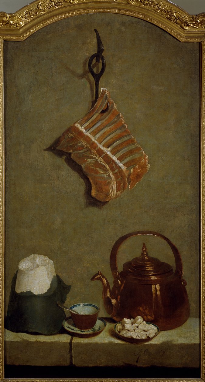 Stilleben med en fjärdedel av kött, sockerbröd, kopparkanna och kopp, av Jean-Baptiste Oudry (1686-1755) av Jean Baptiste Oudry