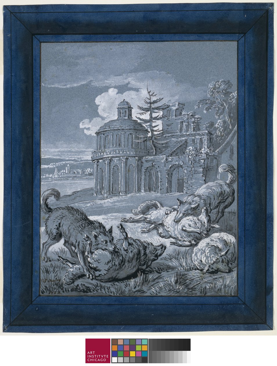 Wolves Attacking Sheep (Rein de Trop II) 1732 (penna och bläck med tvätt och gouache på papper) av Jean Baptiste Oudry