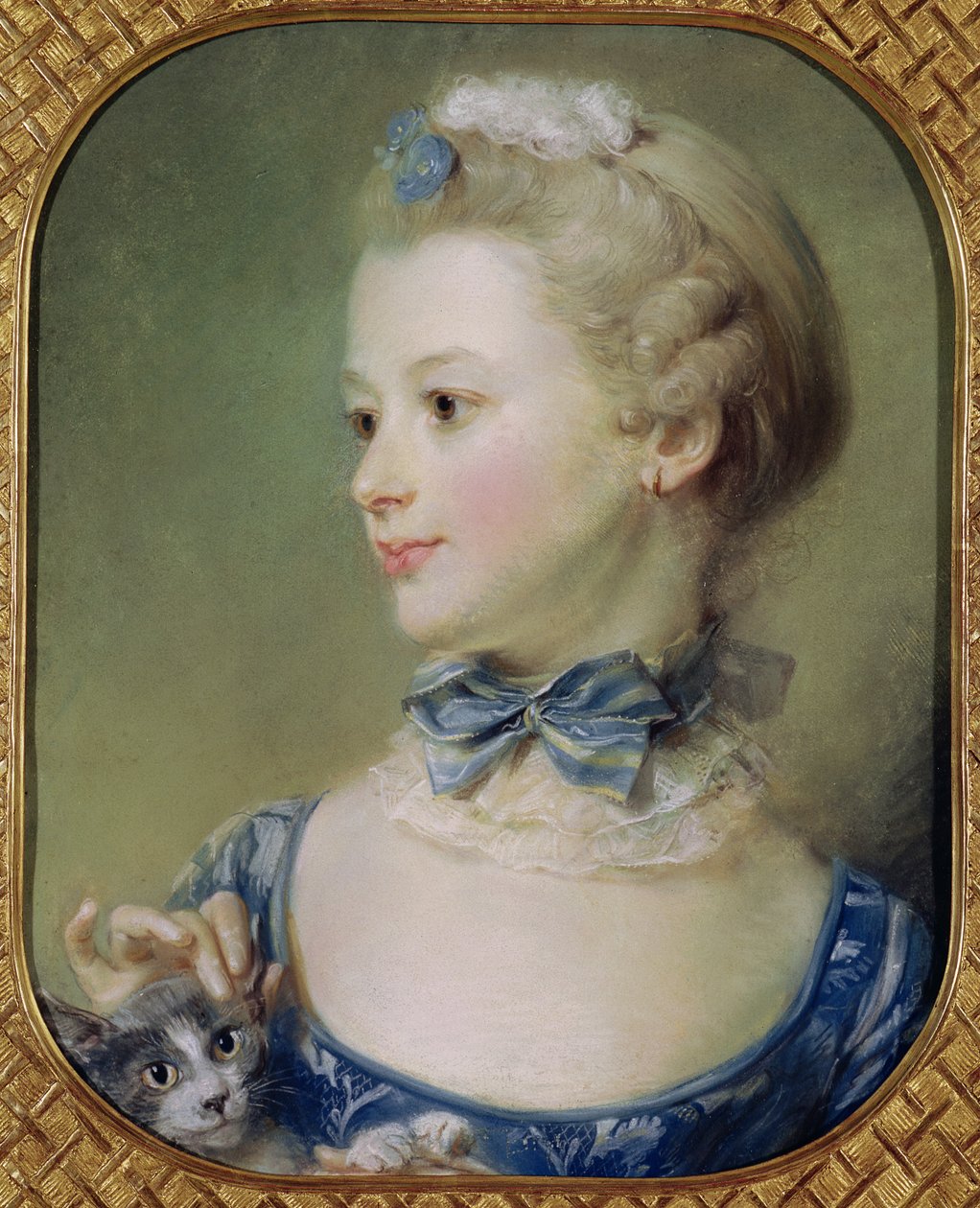 Ung flicka med en katt (pastell på pergament) av Jean Baptiste Perronneau