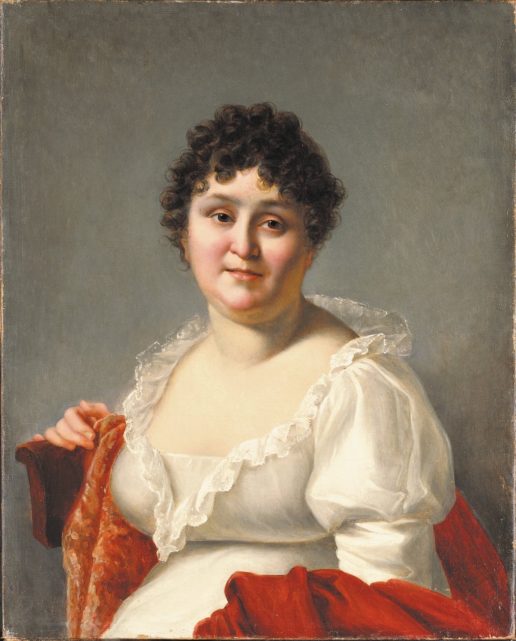 Porträtt av Madame Regnault, bystlång, i vit klänning och persimmonsjal (olja på duk) av Jean Baptiste Regnault