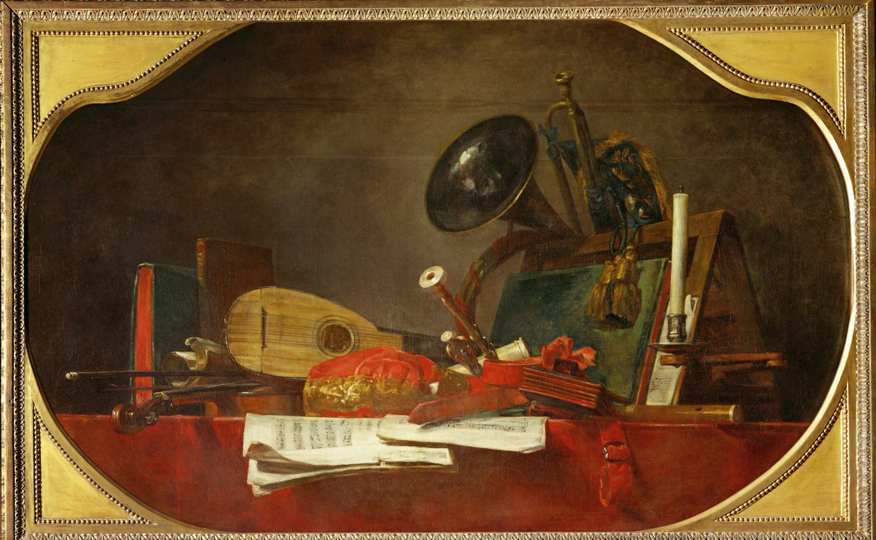 Les attributs de la musique - musikens attribut, följeslagare till 40-12-16/28, en av tre supraporti för Chateau de Choisy ... av Jean-Baptiste Simeon Chardin