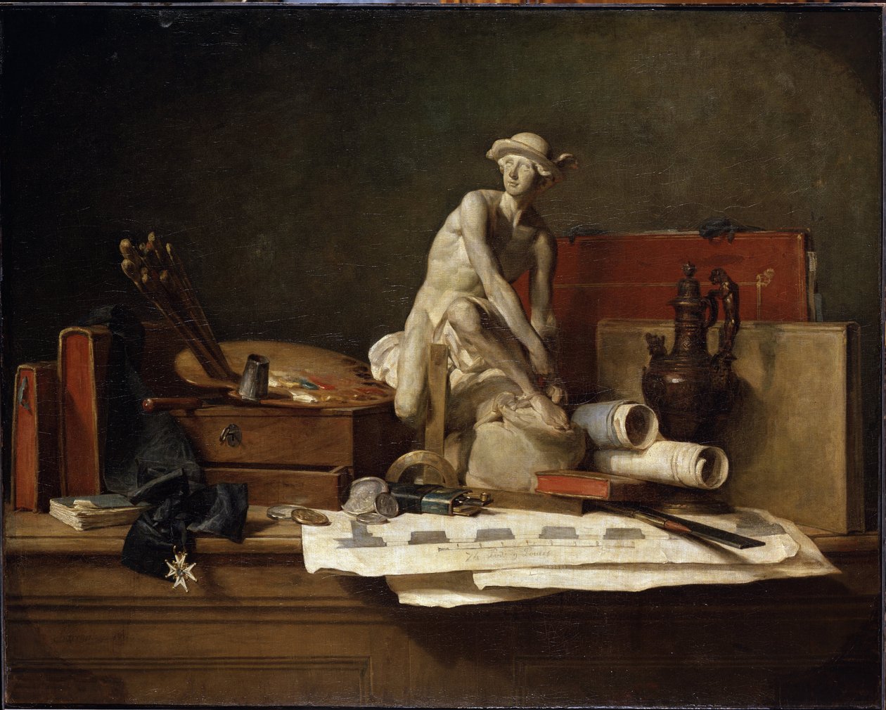 ""Still Life with Attributes of the Arts"" (Still Life with Attributes of the Arts) Kvicksilverskulptur täckt med en petasus, målarpalett, böcker. Målning av Jean Baptiste Simeon Chardin (1699-1779) Mått 112x140,5 cm Eremitagemuseet, Sankt Petersbo av Jean Baptiste Simeon Chardin