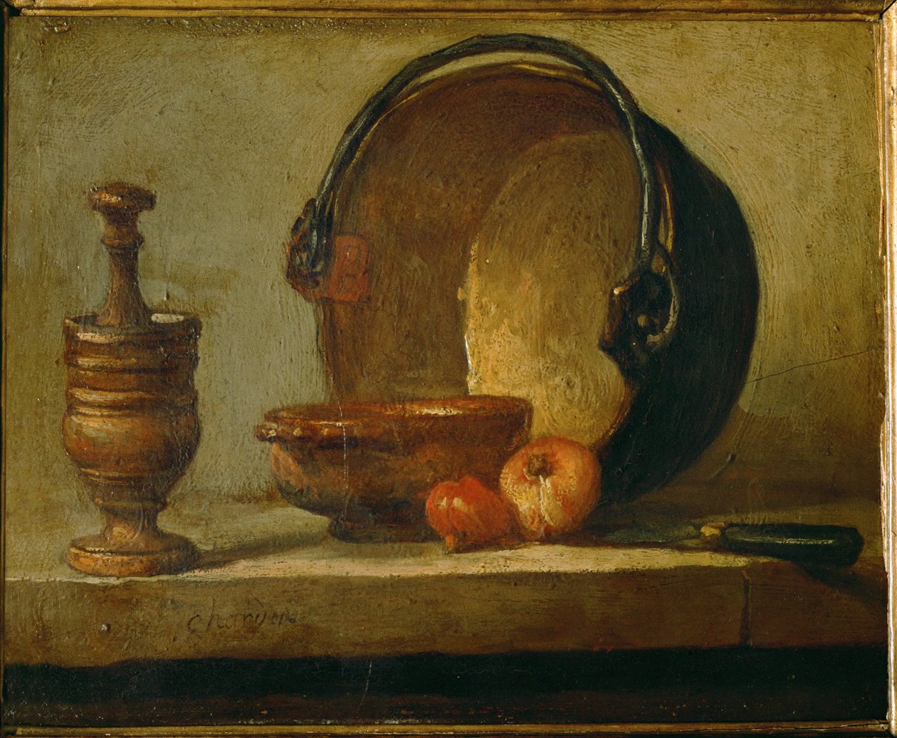 Kopparkitteln ... (olja på duk) av Jean Baptiste Simeon Chardin
