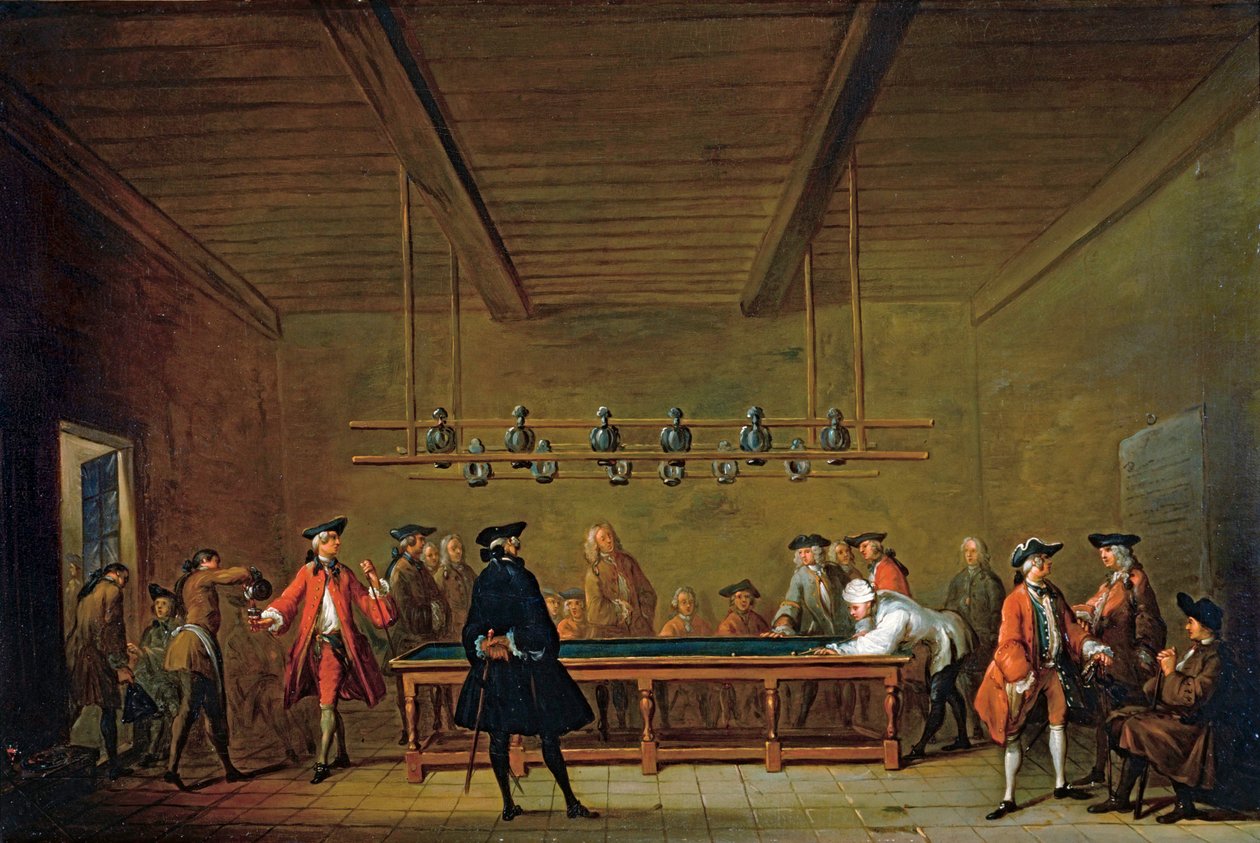 Ett offentligt biljardbord i Paris - Game of Billard ... (olja på duk) av Jean Baptiste Simeon Chardin
