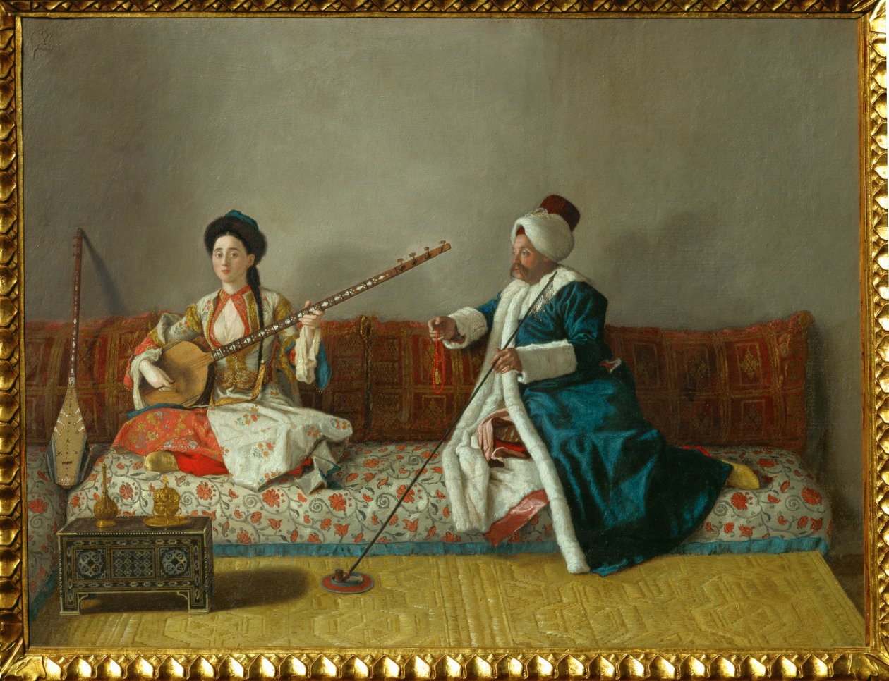 Mr Levett och Ms Glavany i turkisk dräkt... av Jean Etienne (attr.to) Liotard