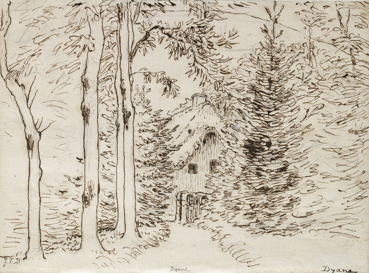 Stigen genom skogen till ett hus med halmtak, 1866 (grafit, penna och brunt bläck på papper) av Jean Francois Millet