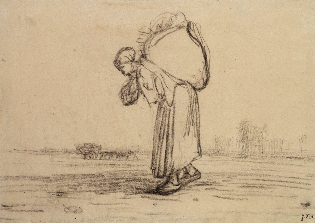 Kvinna som bär en säck på ryggen (svart krita på papper) av Jean Francois Millet