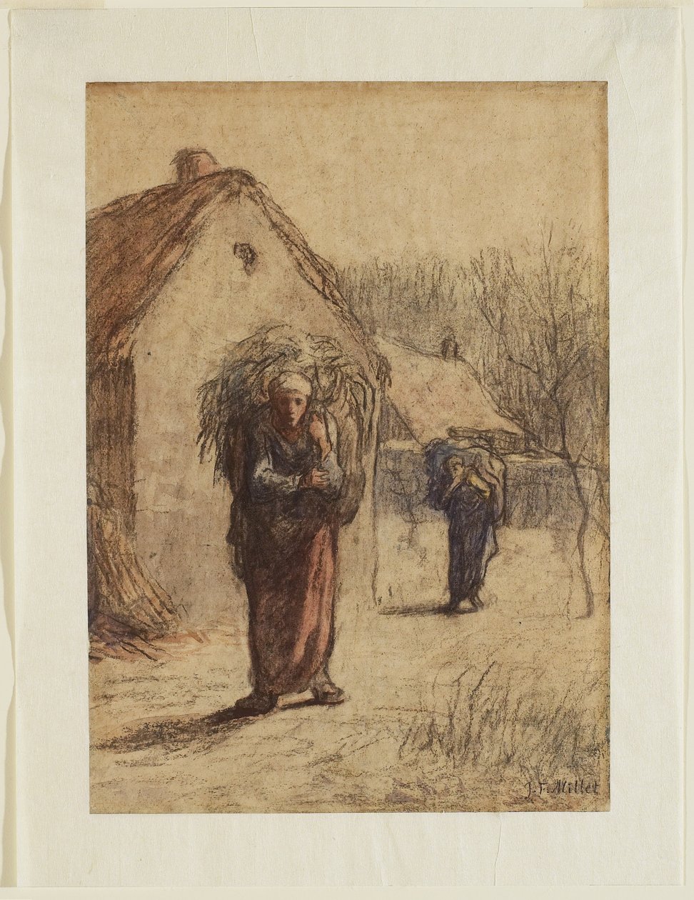 Kvinnor som bär massor av torkat gräs vid ingången till en by, 1850-talet (kol, krita & wc på lagt papper) av Jean Francois Millet