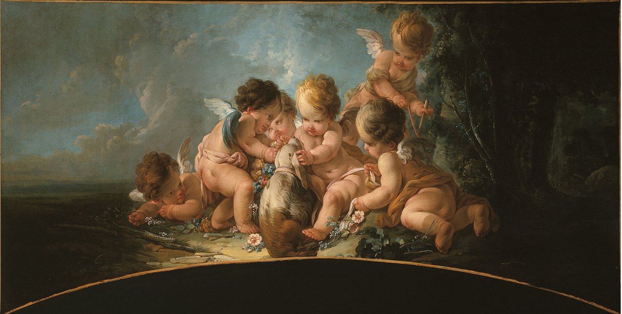 Grupp av sex älskare som leker med en hund, ca 1761 (dörr överst) av Jean Francois Clermont