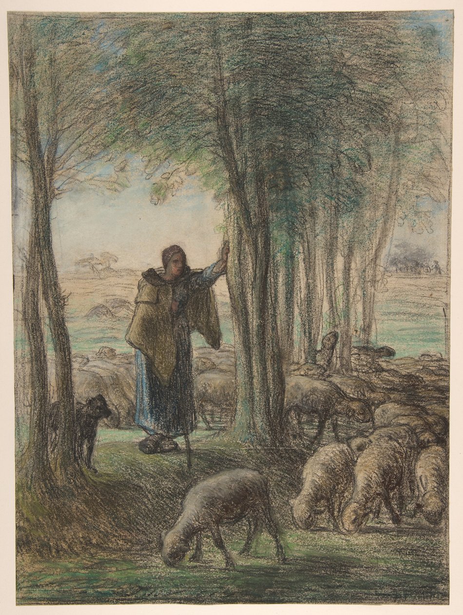 Eine Schäferin und ihre Herde im Schatten der Bäume av Jean-Francois Millet