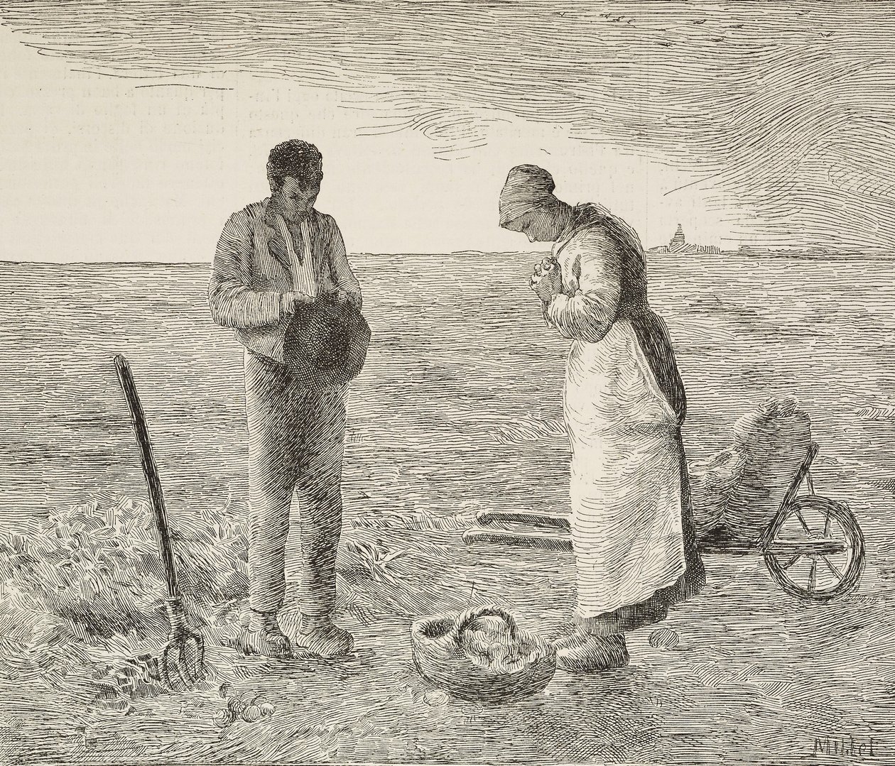 Angelus, ett par bönder i fält, gravyr från målning av Jean-Francois Millet (1814-1875), fransk målare, från L