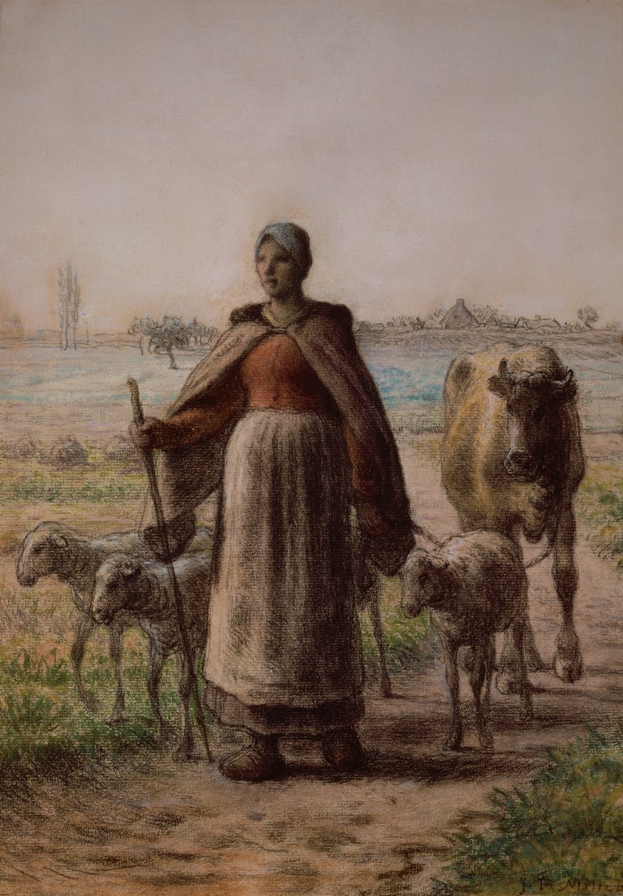 Bonde som leder sin ko och sina får till fälten av Jean Francois Millet