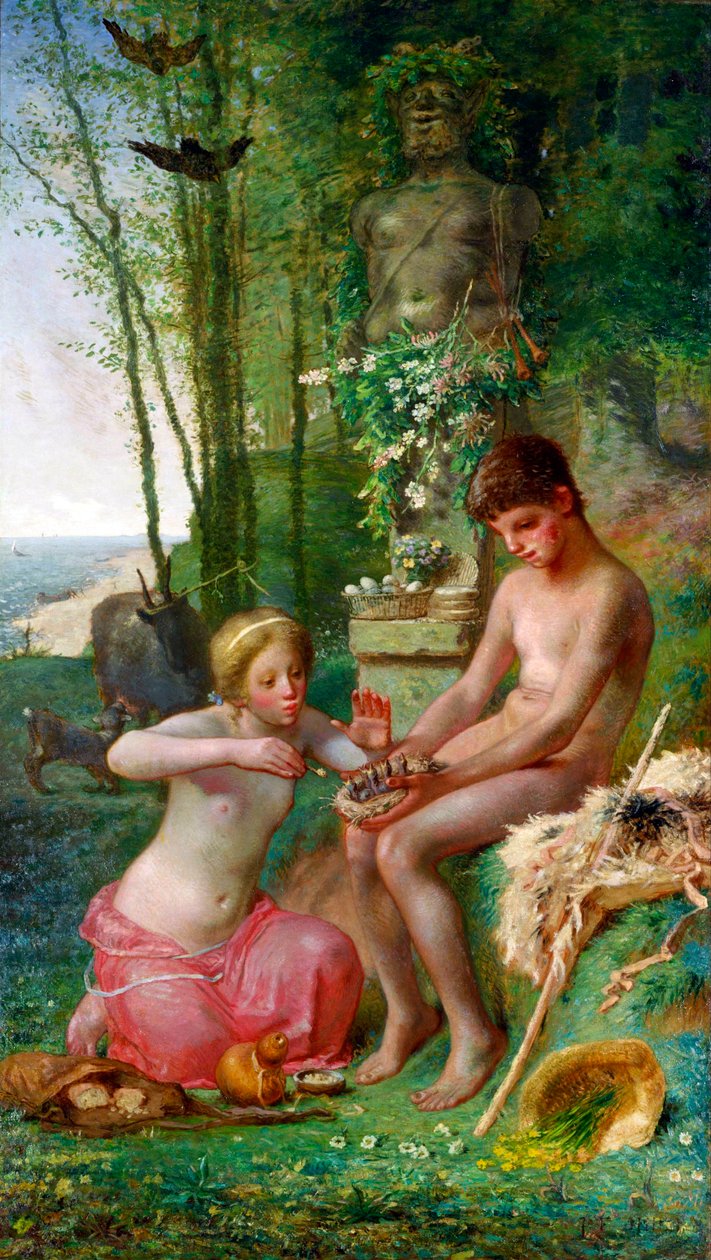 "Spring, Daphnis and Chloe" (Spring (Daphnis and Chloe)) Målning av Jean-Francois (Jean Francois) Millet (1814-1875) - 1865 - Olja på duk Dim 235,5x135 cm National Museum of Western Art, Tokyo av Jean Francois Millet