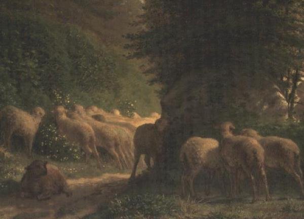 Får som betar längs en häck av Jean Francois Millet