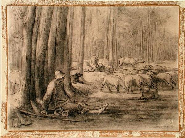 Dricksplatsen i skogen (svart krita på papper) av Jean Francois Millet