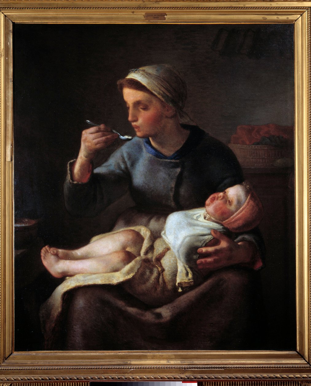 Kvinna som får sitt barn att äta. Målning av Jean Francois Millet (1814-1875) av Jean Francois Millet