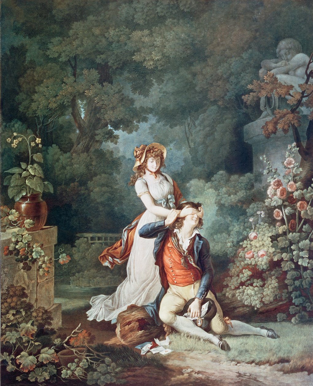 The Lover Surprised, graverad av Charles Melchior Descourtis (1753-1820) (färgstick) av Jean Frederic (after) Schall