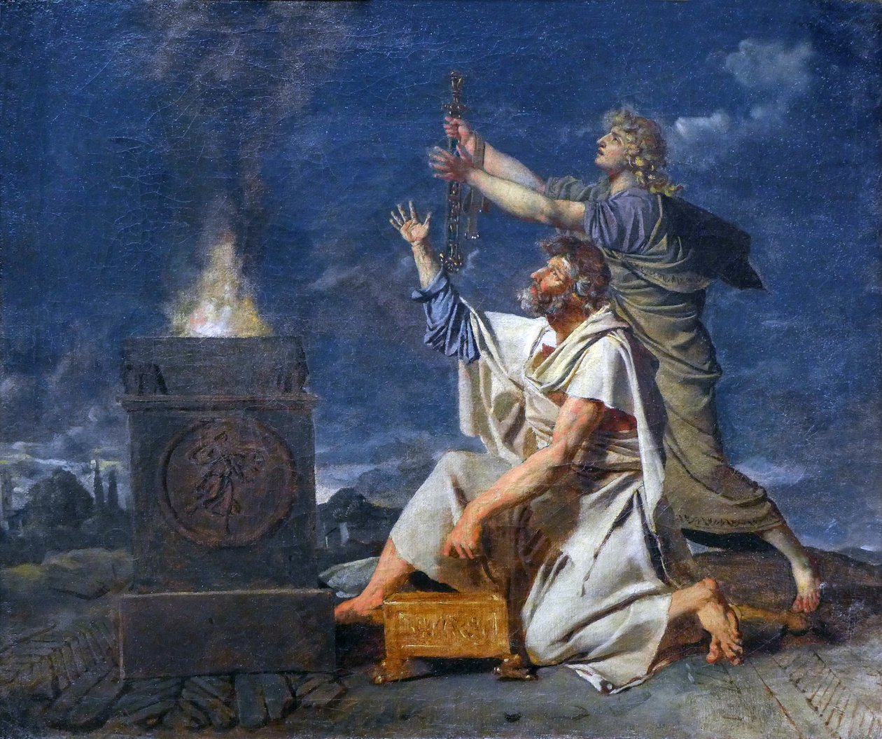 En ung romersk krigare åtföljd av sin far frågar gudarna om framgången för sina vapen, ca 1780 (olja på duk) av Jean Germain Drouais