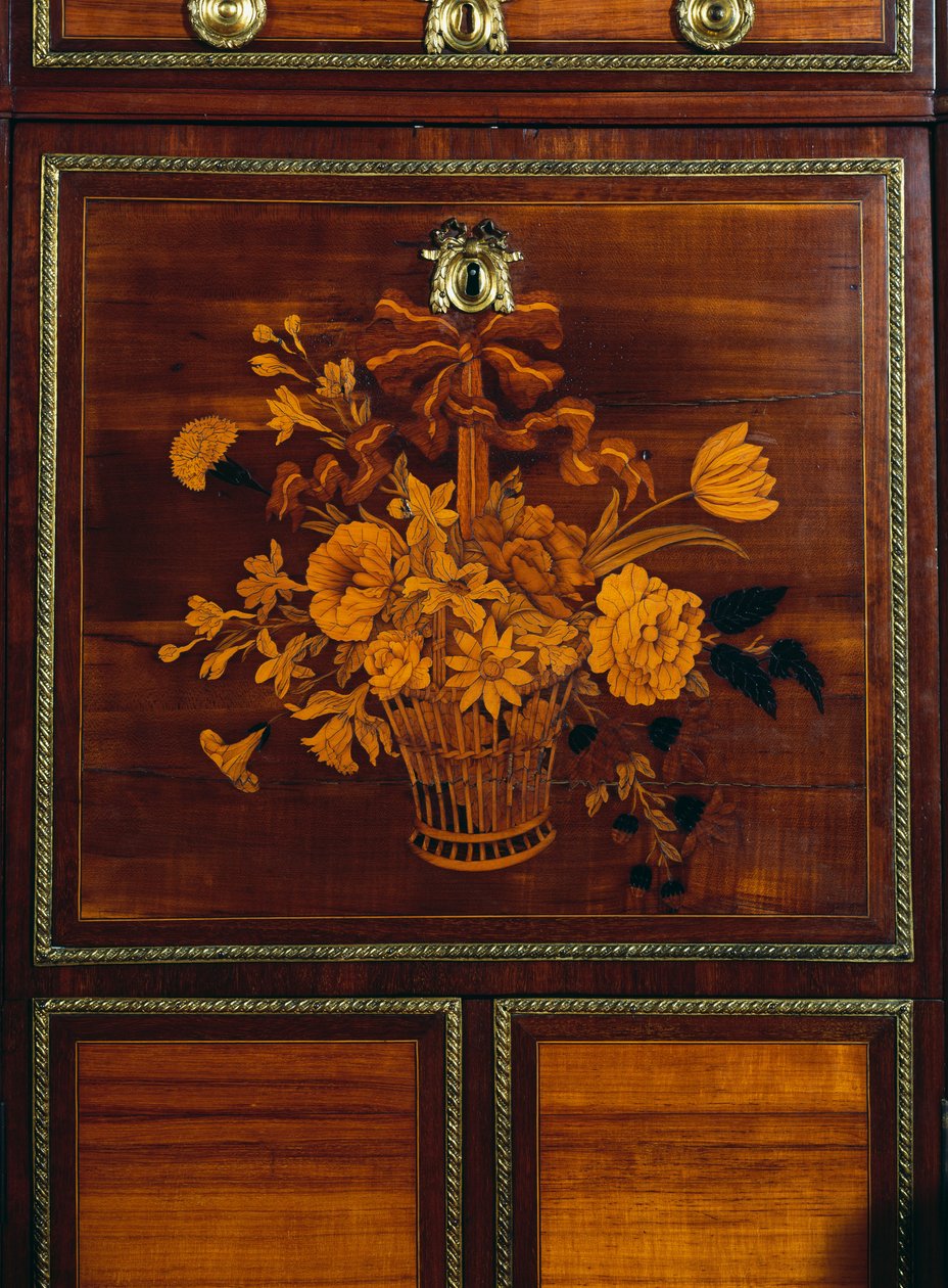 Korg med blommor, detalj från inlägget på Ludvig XVI stil satinwood och amaranth skrivbord, signerad Jean-Henri Riesener (1734-1806), Frankrike av Jean Henri Riesener