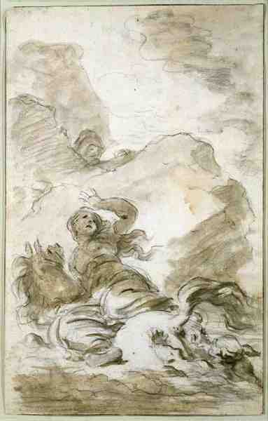 Angelica når stranden där eremiten ligger i väntan (krita, penna, bläck och tvätt på papper) av Jean Honore Fragonard