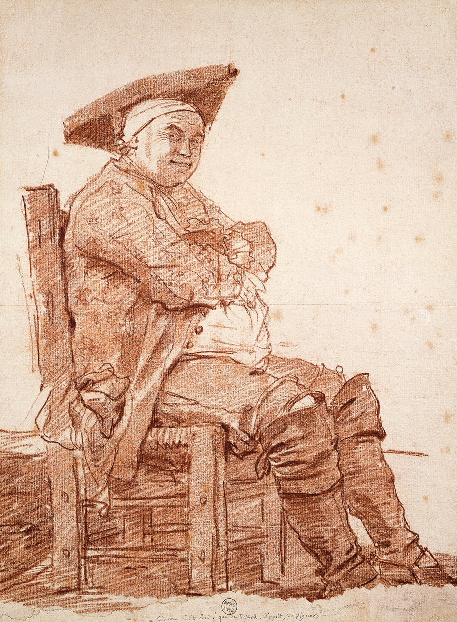 Porträtt av sittande man, känd som Postiglione, av Jean Honore Fragonard (1732-1806), sangvinisk teckning av Jean Honore Fragonard