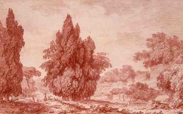 Utsikt över en park (röd krita på papper) av Jean Honore Fragonard
