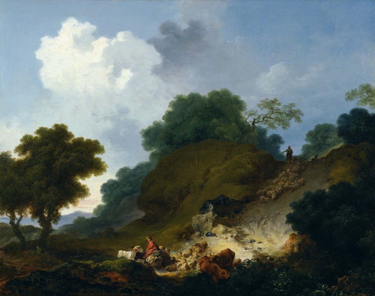 Fårflock på väg nerför kullen av Jean-Honore Fragonard