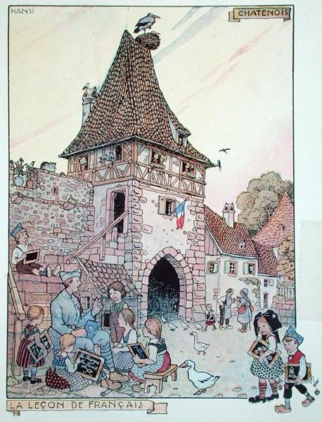 En fransk soldat som undervisar franska för barn från Alsace som har blivit franska medborgare igen, illustration från 