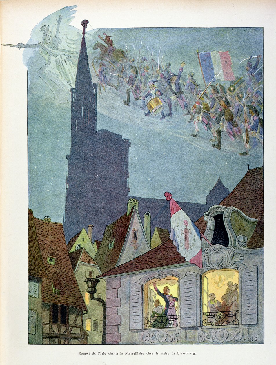 Claude Joseph Rouget de Lisle (1760-1836) sjunger Marseillaise hemma hos Dietrich, Strasbourgs borgmästare, den 26 april 1792, illustration från 