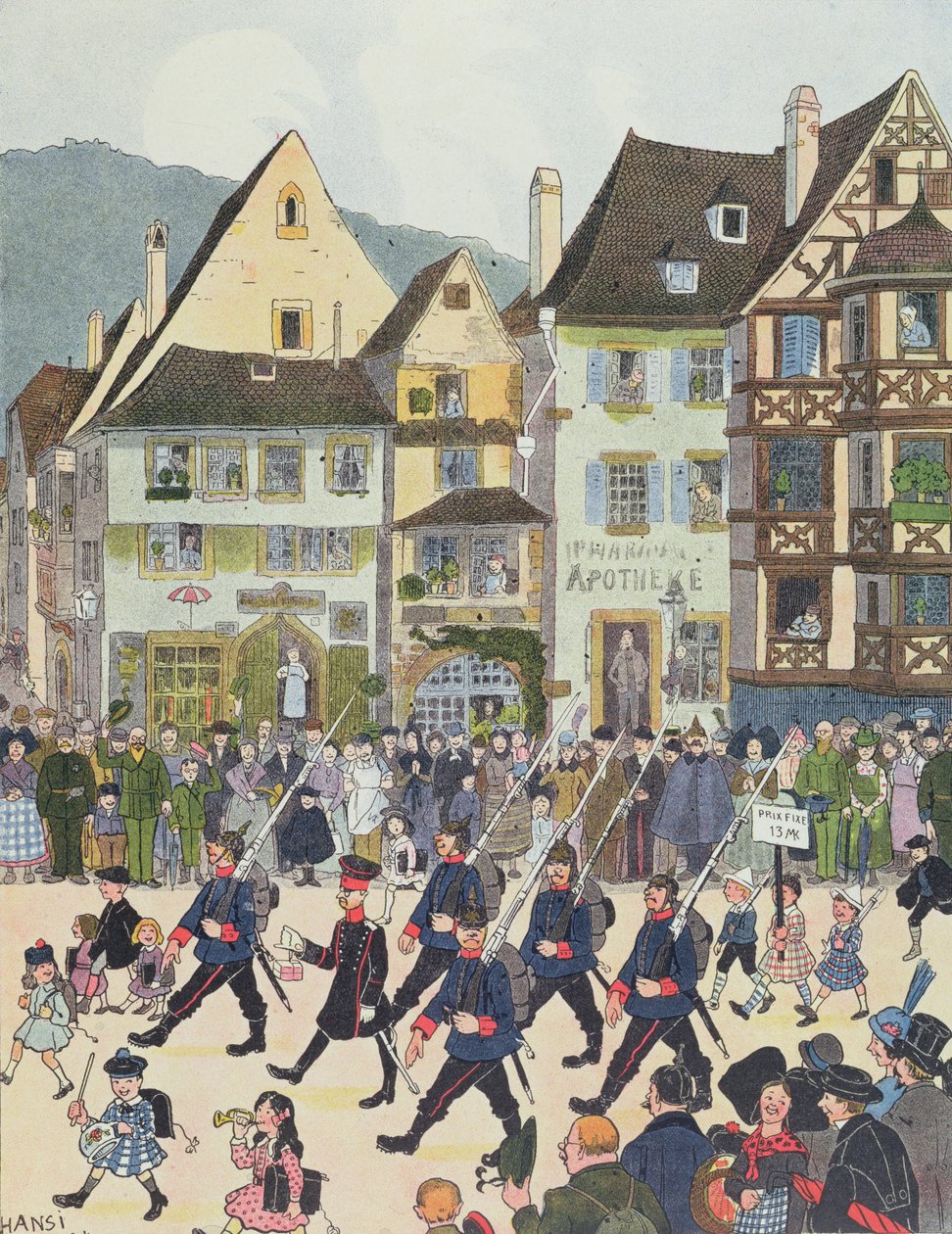 Herr Forstner lämnar Saverne med sina soldater efter att ha köpt lite choklad 1913, illustration från 