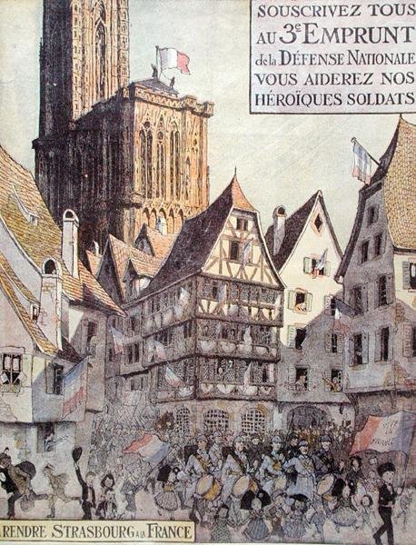 Affisch som annonserar det tredje nationella försvarslånet, utfärdat till förmån för Alsace, första världskriget av Jean Jacques Waltz