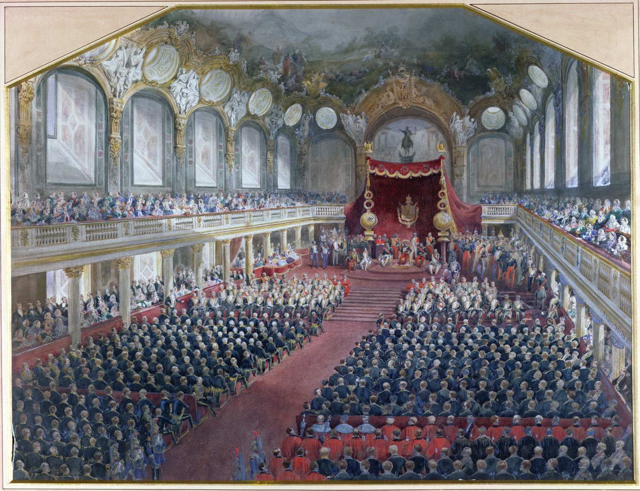 Napoleon III:s öppnande av den lagstiftande sessionen i Louvrens tronrum den 7 februari 1859 (wc på papper) av Jean Louis David