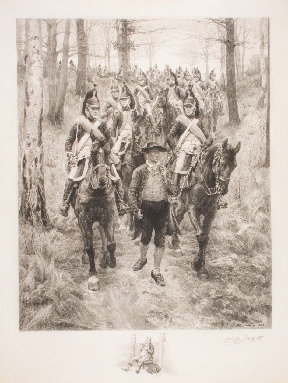 Franskt kavalleri som reser genom skogen med guide, graverad av Achilles Jacquet (1846-1908) av Jean Louis Ernest Meissonier