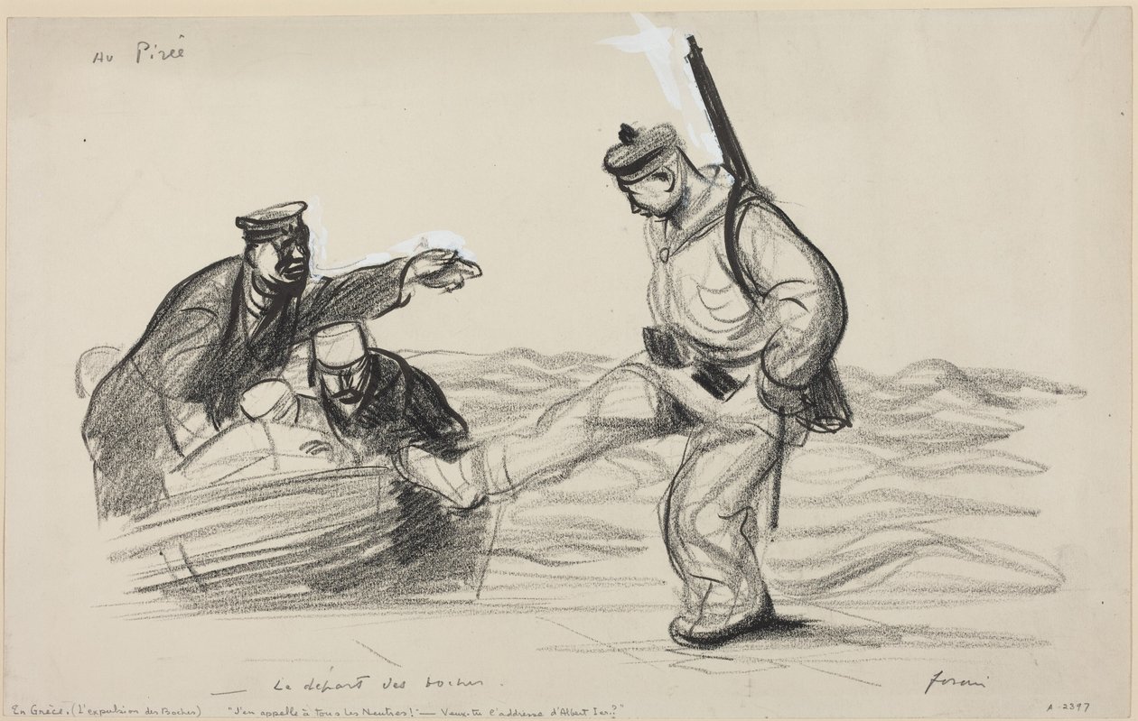 Au Piree. -Le depart des boches, ca 1914-1919 (teckning) av Jean-Louis & Caran D