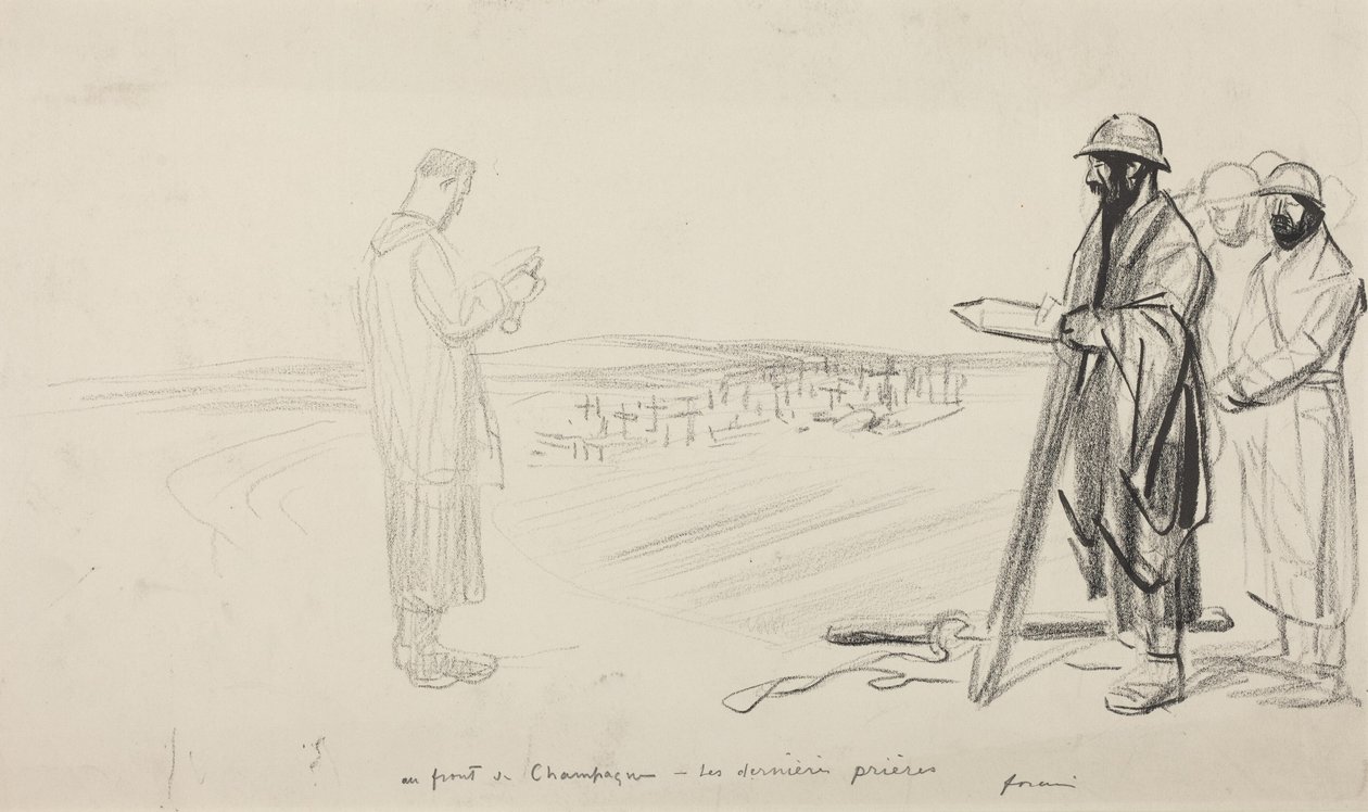 Vid Champagnefronten - De sista bönerna, ca 1914-1919 (svart tusch på papper) av Jean-Louis & Caran D