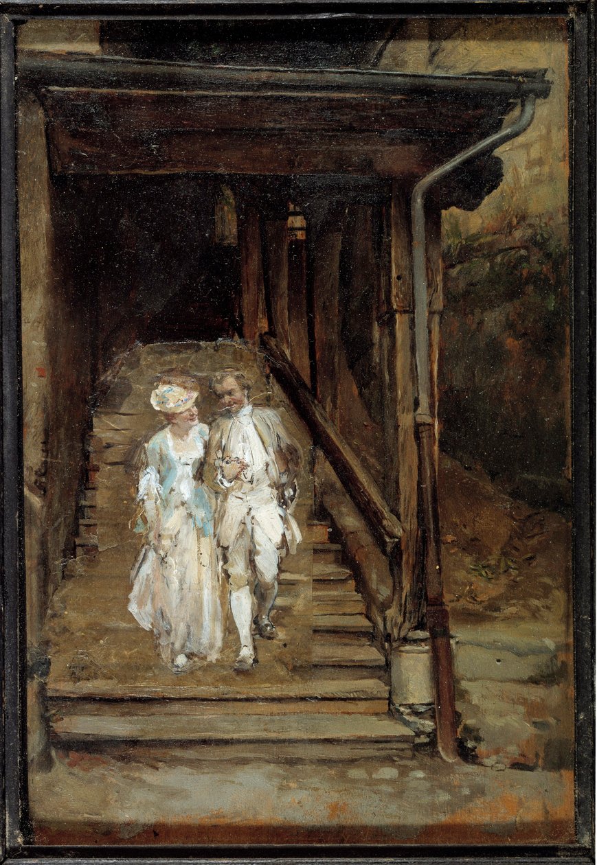 Trätrappan i Cathedrale de Lausanne eller "" Filosofen Jean Jacques Rousseau et madame de Warens"" Målning av Jean Louis Ernest Meissonier (1815-1891) 1800-talet sön. 0,2x0,14 m av Jean Louis Ernest Meissonier